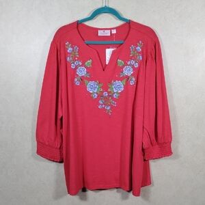 6179 Quacker Factory red knit w/blue embroidery 3/4 sleeve top 3X NWT